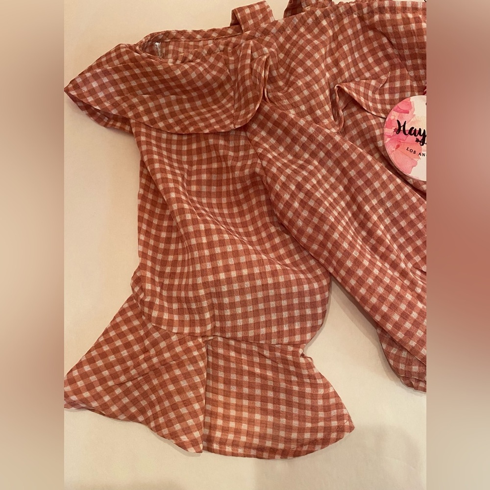 Hayden Los Angeles Gingham Cold Shoulder Bell Sleeve Ruffle Top Rust H6394 L - Picture 4 of 7